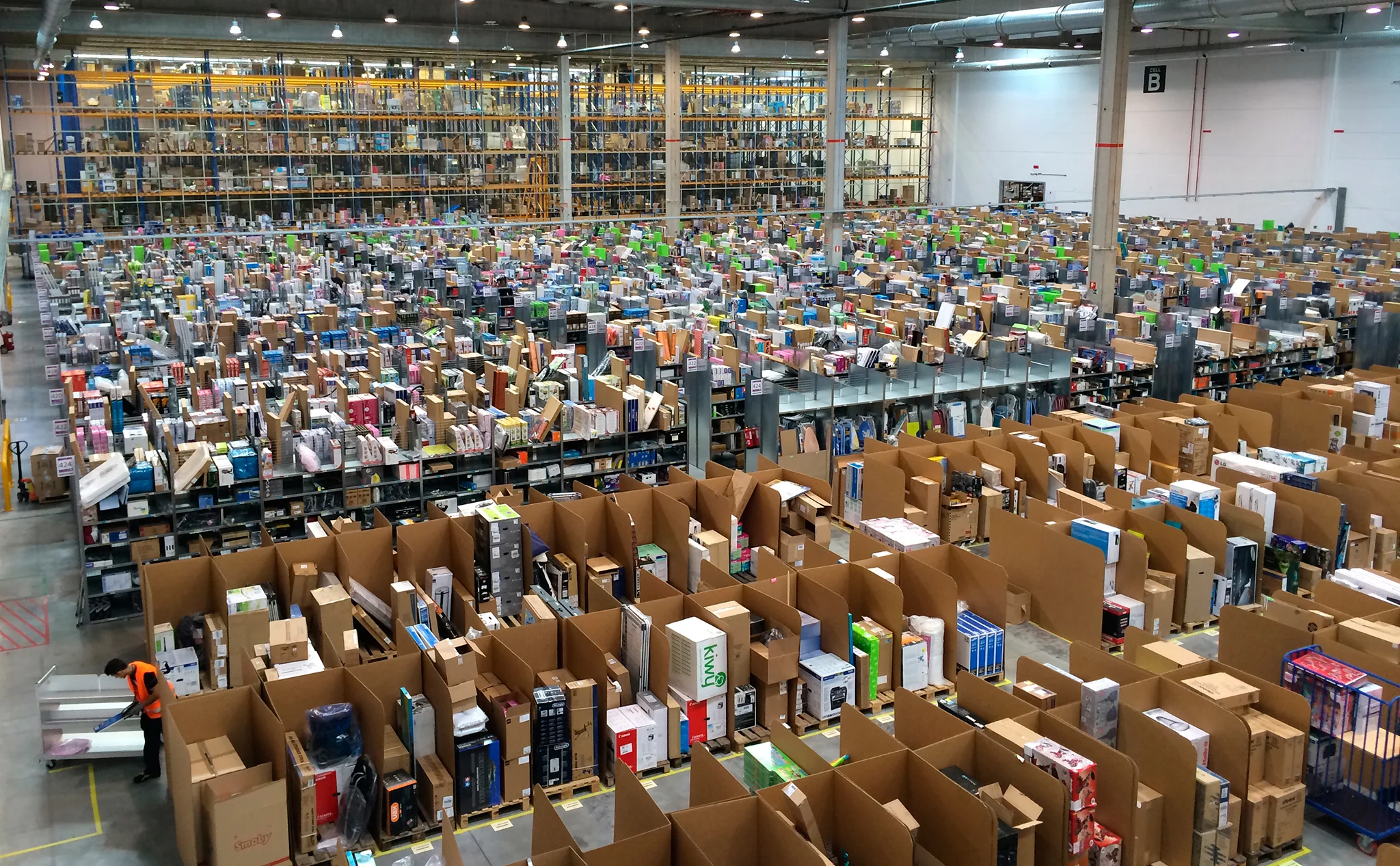 Interior of an Amazon logistics center, San Fernando de Henares, Spain.