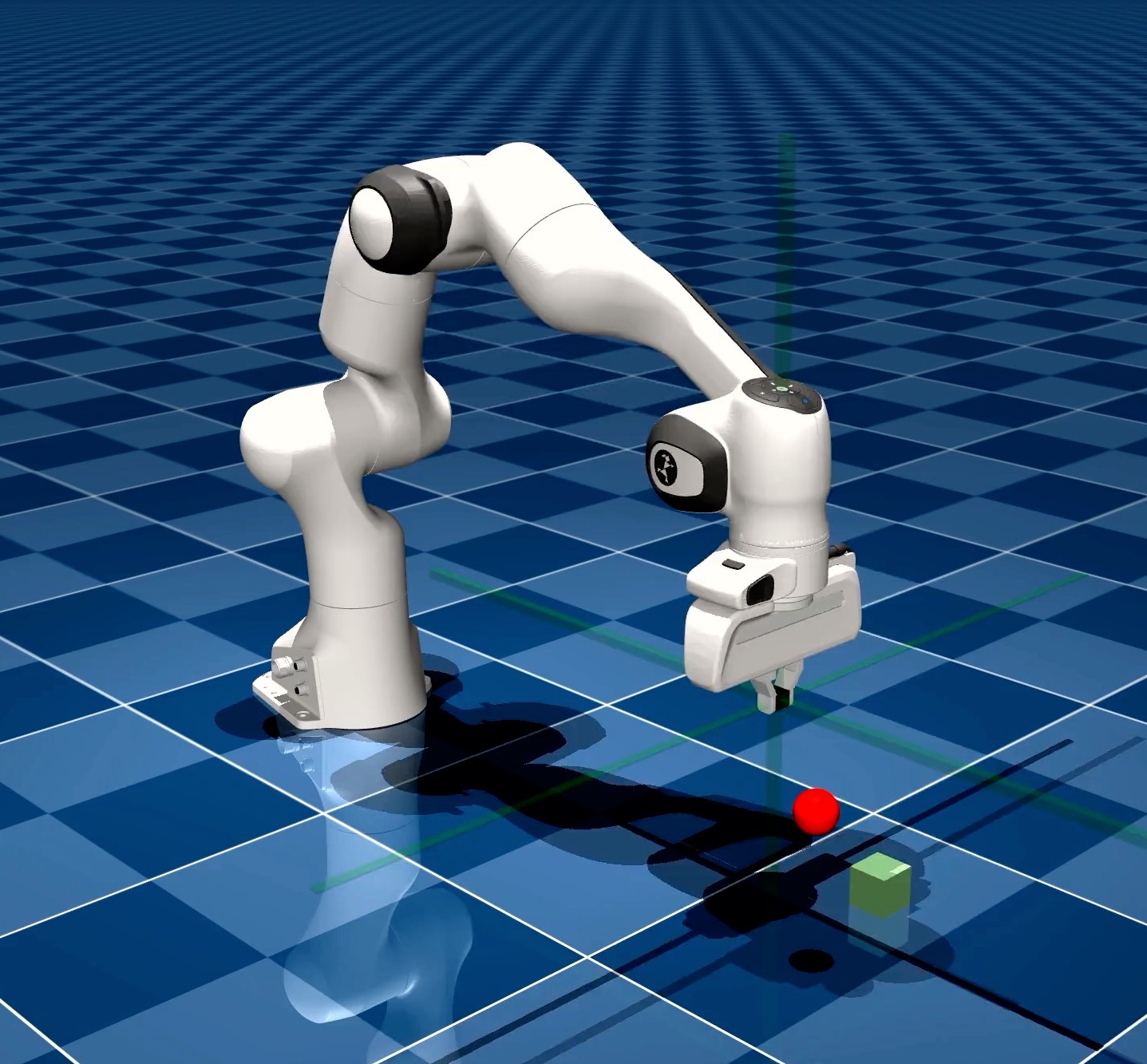 A simulated robot arm reaching toward a red ball and green block in a MuJoCo environment.