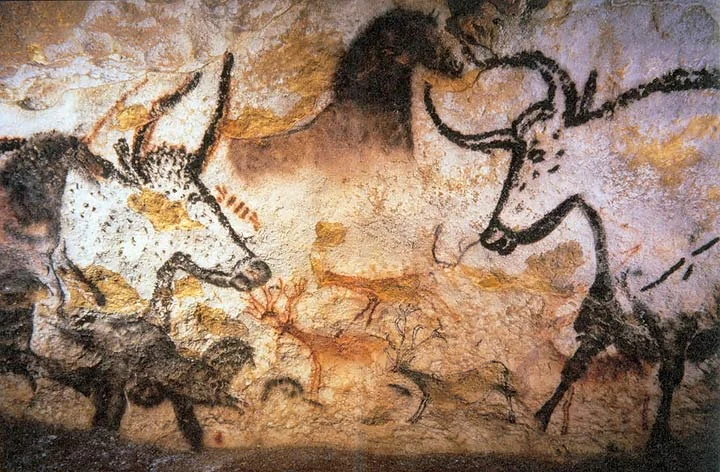 Paleolithic paintings of aurochs, horses, and deer on the walls of Lascaux cave, c. 17,000 BC.